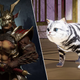 A composite image featuring Mortal Kombat 11's Shao Kahn and No More Heroes 3's Jeane the cat.
